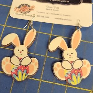 Colorful Egg Bunny Face Wood 2" Earrings Easter Spring Rabbit